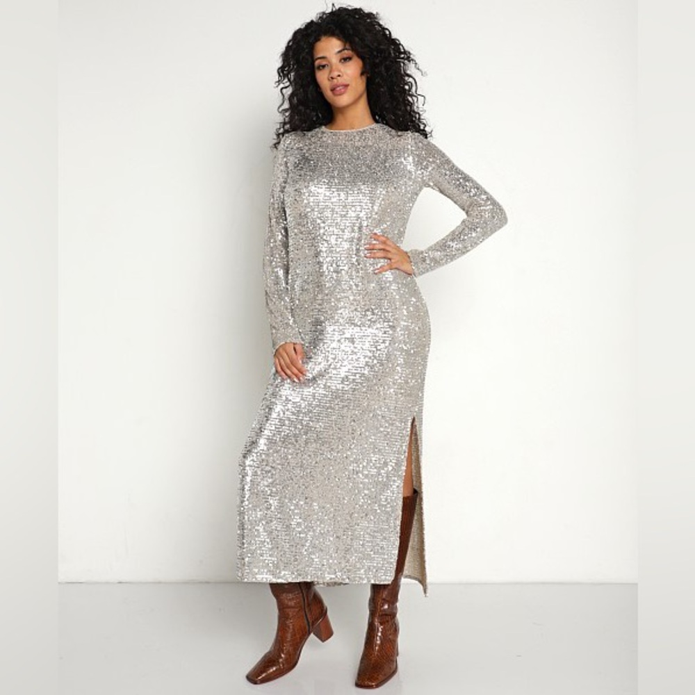 Show Me Your MuMu Silver Sequin Long Sleeve Dress